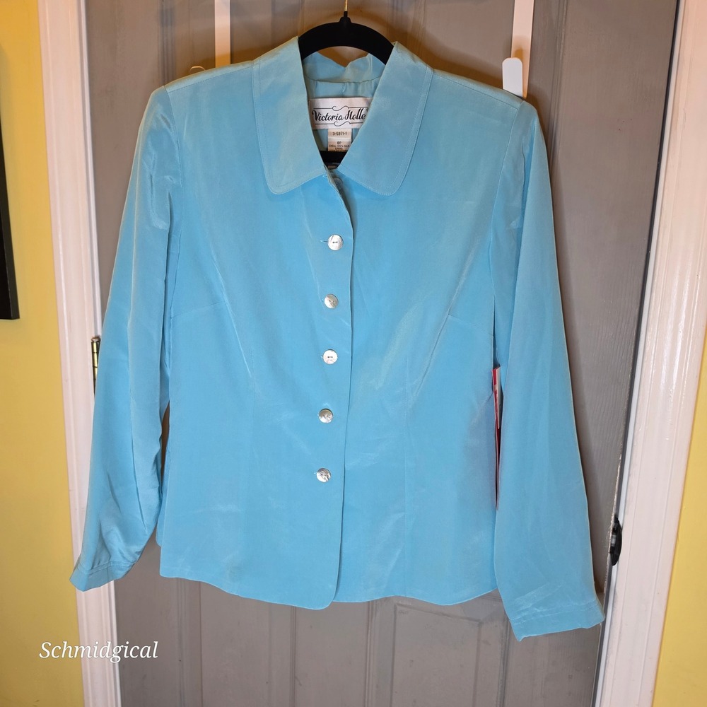 Victoria Holley Womens 8P Blue 100% Silk Button Front Blazer Jacket NWT 3-5971-1